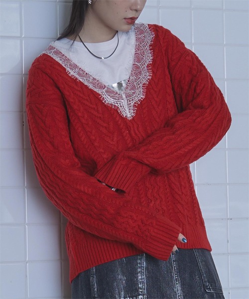 miette（ミエット） ニット セーター レースVネックケーブル編みニット