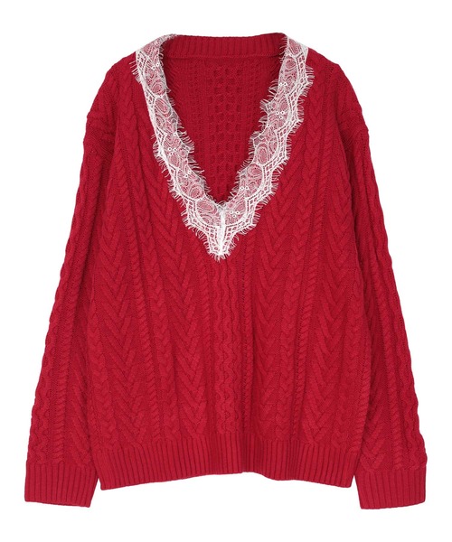 miette（ミエット） ニット セーター レースVネックケーブル編みニット