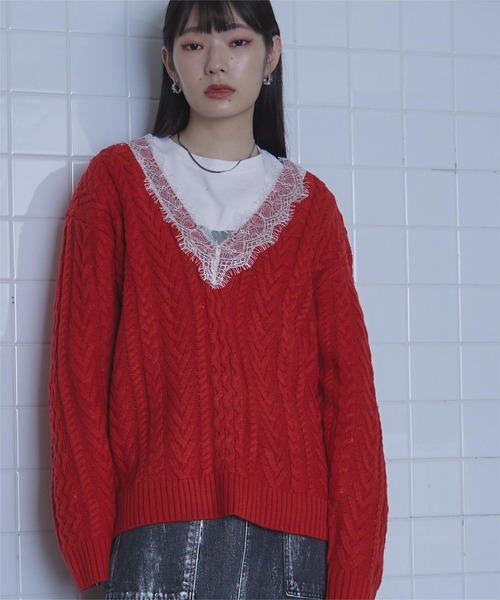 miette（ミエット） ニット セーター レースVネックケーブル編みニット