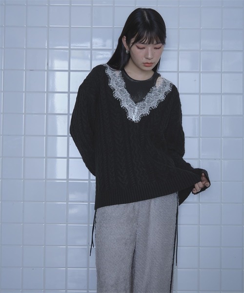 miette（ミエット） ニット セーター レースVネックケーブル編みニット