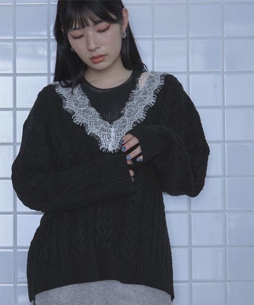 miette（ミエット） ニット セーター レースVネックケーブル編みニット