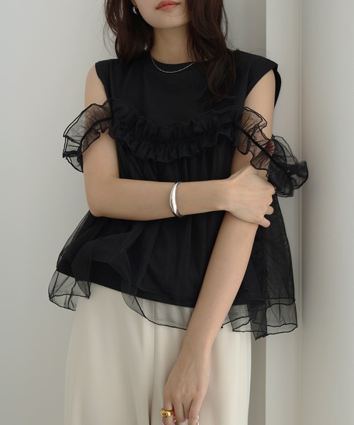 Freesia tシャツ ビスチェ風チュールドッキングノースリーブトップス