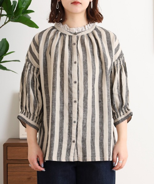 GASA＊ gasa ガサ リネン100 襟レース ブラウス シャツ グレー 麻 