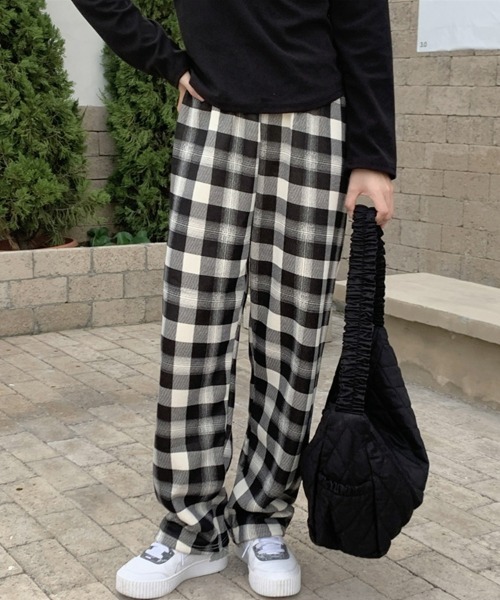 SEU パンツ レディース チェック柄ツイルストレートワイドパンツ 裏