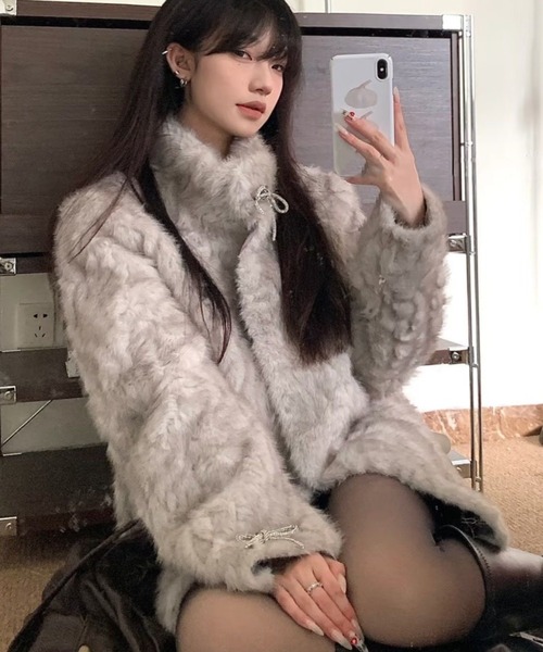 DIAVEL ブルゾン アウター 「秋冬新作」リボンピン付きファーコート