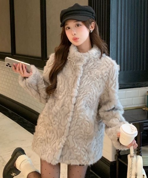 DIAVEL ブルゾン アウター 「秋冬新作」リボンピン付きファーコート