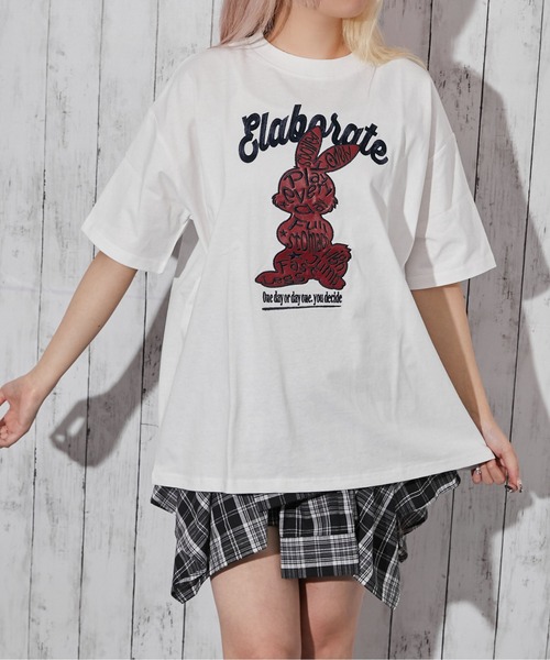 【ビッグロゴ刺繍】 Valenza VネックTシャツ白ホワイトストリートY2K DEVICE（デバイス） tシャツ ビッグシルエット サークル カレッジロゴ