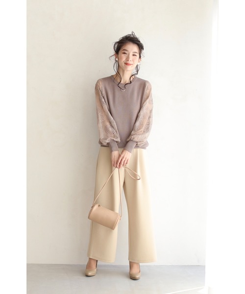 「cawaii french」フリンジフラワーのシアー売れ筋商品|||トップス【アイボリー】 cawaii ニット 満開の花が腕に咲くシアーショルダートップス