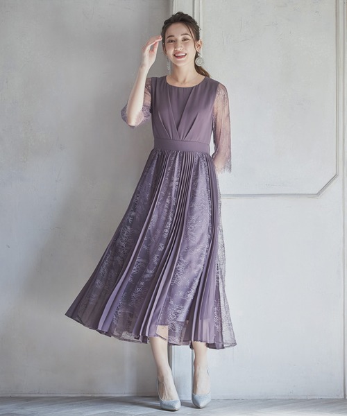 レーストップ8Color◆ドッキングシフォンLongドレス DRESS+ ドレス レースシフォンドッキングワンピース パーティー