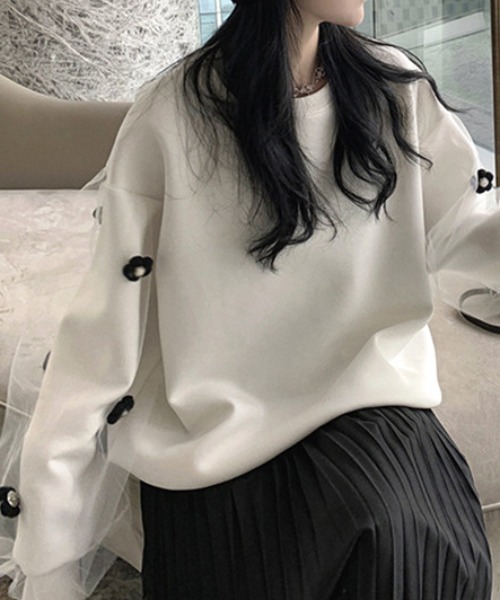 トレーナー スウェット 花モチーフチュール袖トレーナー レディース deux amour トレーナー スウェット 花モチーフチュール袖