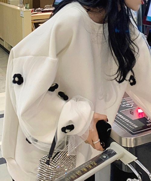 トレーナー スウェット 花モチーフチュール袖トレーナー レディース deux amour トレーナー スウェット 花モチーフチュール袖