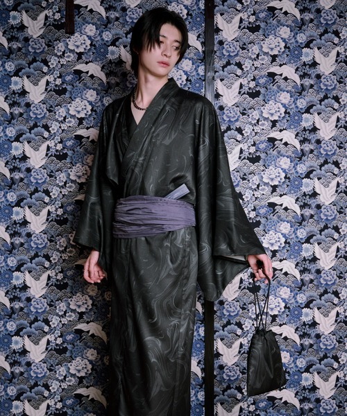 Ellno Loset 浴衣 セット 黒 レディース メンズ ユニセックス Ellno Loset 浴衣 アソート浴衣3点セット「浴衣＋兵児帯＋巾着
