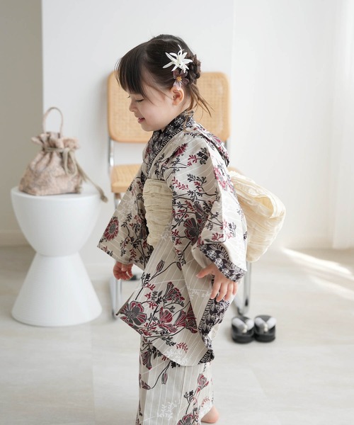 utatane 浴衣 キッズ浴衣3点セット ベージュにえんじの揺れる花 キッズ