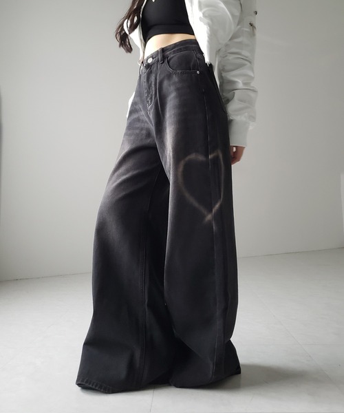 WONEM ハート型パッチ ワイドデニムパンツ WONEM ハート型パッチ ワイドデニムパンツ
