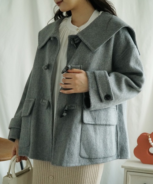 aimoha ウールショットコートダッフルコート ベージュ aimoha ダッフルコート コート スタンドカラーロング丈ウール