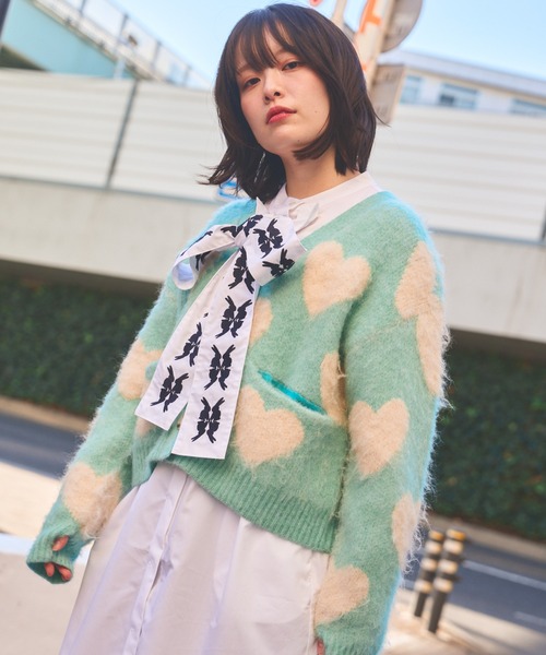 moyan ecri カーディガン 「moyan ecri」ハート柄ジャガードニット