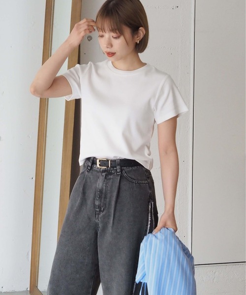 トップス k898jp WOMEN'S SHORT SLEEVE SEMI CROP T-SHIRT STRIPE｜CUT AND SEWN