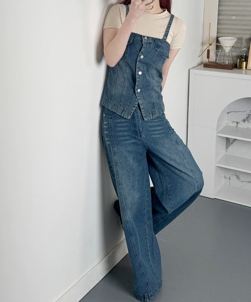 tシャツ デニムビスチェ and パンツ 2点セットアップ レディース