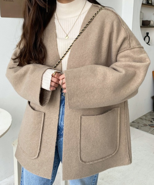 moment+ ノーカラーコート M グレイッシュベージュ レディース