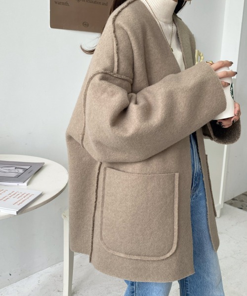 「moment+」 ノーカラーコート M グレイッシュベージュ レディース_画像8