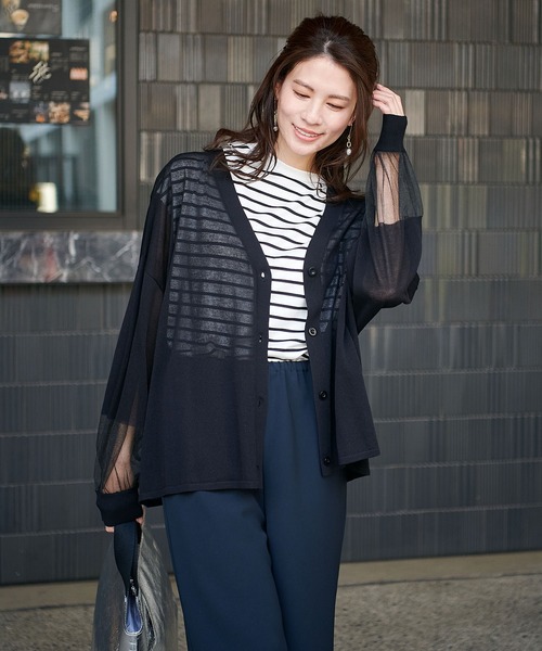 Jines（ジネス） カーディガン 袖口シアーフレアーカーディガン