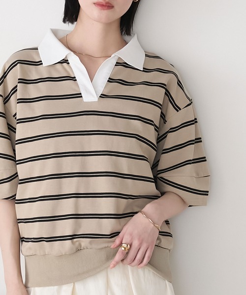 MUNSINGWEAR オリーブと白のボーダーポロシャツ Mサイズ　レディース forksy. ポロシャツ ポロ 「forksy.」 ボーダー柄 スキッパー