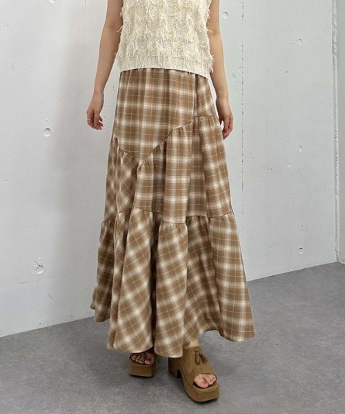 【美品】UN3D. チェックギャザースカート studio CLIP（スタディオクリップ） スカート 「natural by clip