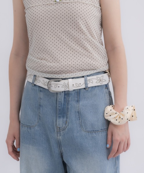 美品 LIFE WITH FLOWERS ベルト付き オーバーサイズ トップス ベルト flower studs belt / フラワースタッズベルト レディース