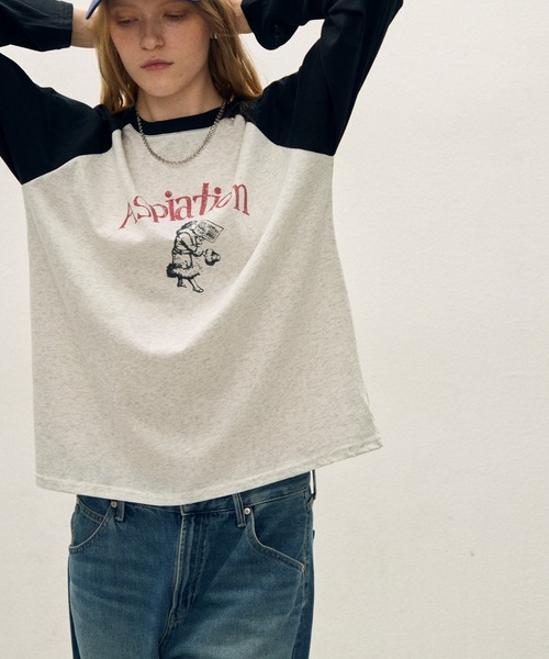 uchi. tシャツ ビンテージ風ラグランスリーブ グラフィックTシャツ