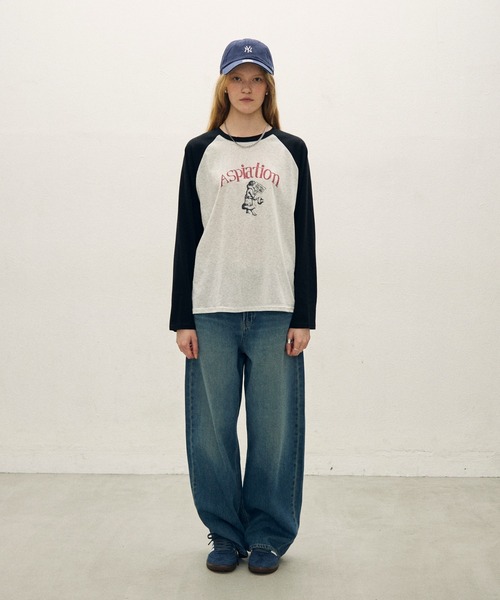uchi. tシャツ ビンテージ風ラグランスリーブ グラフィックTシャツ