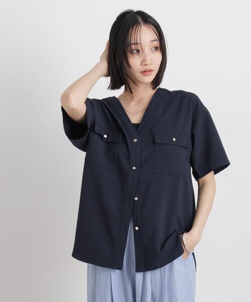 ブラウス シャツ メランジストレッチポケットVネックブラウス(セットアップ可) レディースの画像