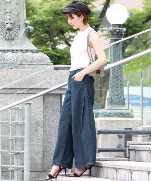 ElegChic ワイドパンツ ジーンズ デニム デニムパンツ ガウチョデニム