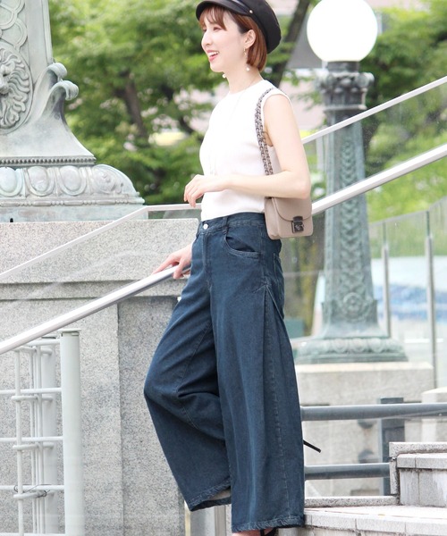 ElegChic ワイドパンツ ジーンズ デニム デニムパンツ ガウチョデニム