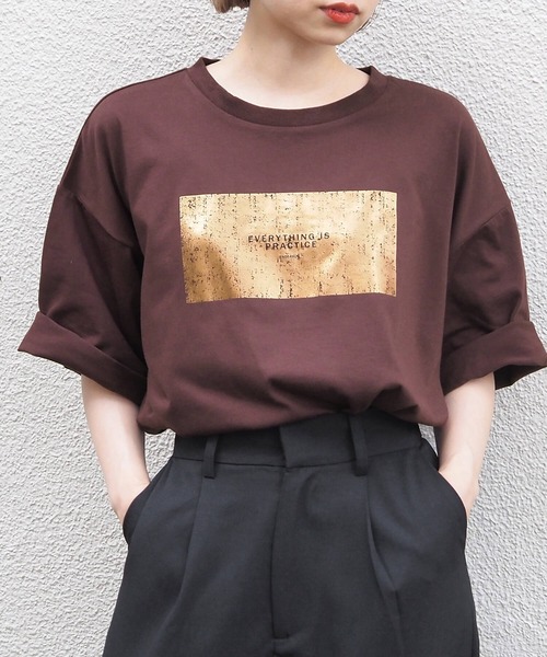tシャツ スクエア箔プリント半袖Tシャツ レディース セール】 スクエア箔プリントTシャツ（オフホワイト/ホワイト