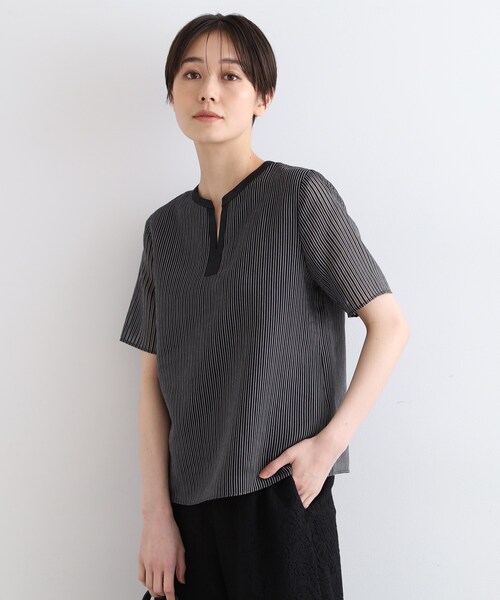 INDIVI ブラウス シャツ 「日本製／シアー」ストライプ柄半袖