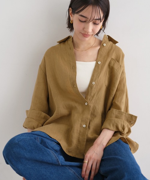 evernavy ブラウス シャツ 「新色追加」リネンオーバーサイズシャツ