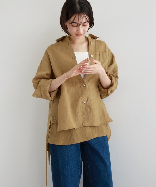 パーマネントエイジ☆大人のリネンブラウス ７分袖シャツ ネイビー ロゴタグ F 着用レビュー】Permanent Ageコラボブラウスを、身長別4名のスタッフが