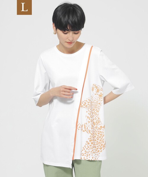 tシャツ 「L」「接触冷感」「ウォッシャブル」ラインパンサープリントチュニックカットソー レディース
