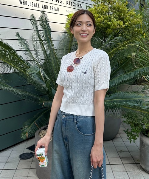 AS KNOW ニット セーター ロゴ刺繍 ケーブルニット半袖プル