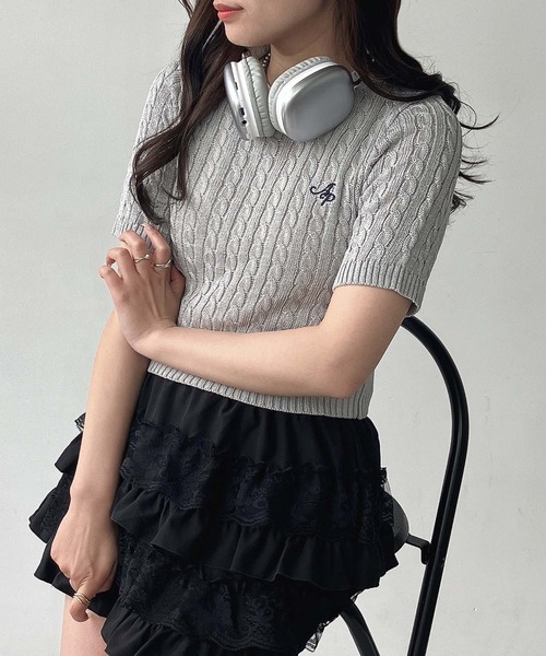 ネイビー ケーブル編み 半袖セーター GRL グレイル | 大人可愛いGRLネイビーニットコーデ💙 ケーブル