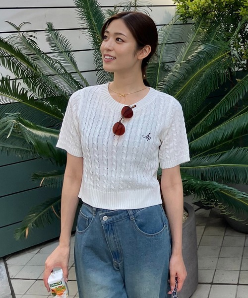 AS KNOW ニット セーター ロゴ刺繍 ケーブルニット半袖プル