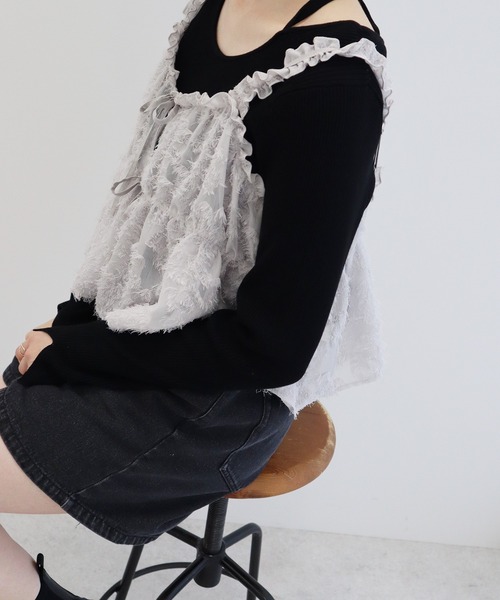 ベスト ジレ キラキラフラワー刺繍ビスチェ レディース セール】2WAYショート丈深Vネック花柄刺繍レースシアーフリル