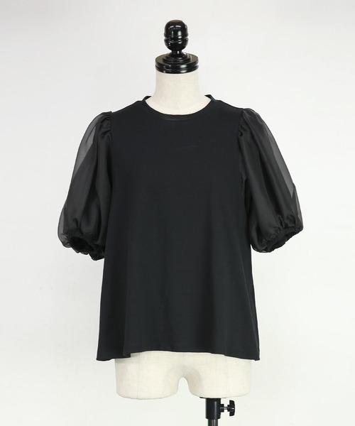 tシャツ パフオーガントップス レディース moment+ tシャツ オーガンジードロストパフスリーブ半袖トップス