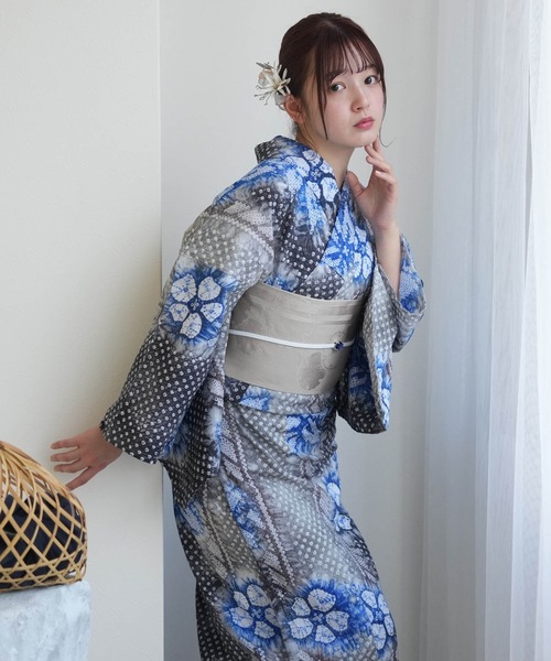 utatane 浴衣 有松絞り浴衣3点セット 墨色にサファイアの花