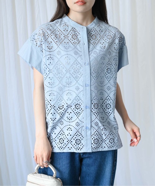＆HALF ブラウス シャツ インド綿刺繍使いカットワーク半袖ブラウス
