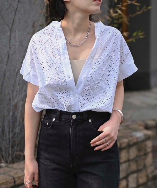 ブラウス シャツ インド綿カットワークブラウス レディース ＆HALF ブラウス シャツ インド綿刺繍使いカットワークブラウス