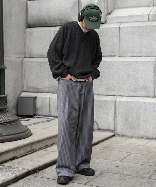 Bleme スラックス フロントポケット ワイドストレート ストライプ