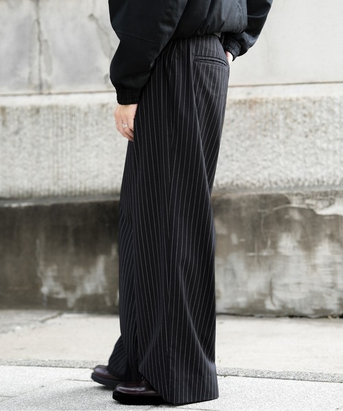 Bleme スラックス フロントポケット ワイドストレート ストライプ