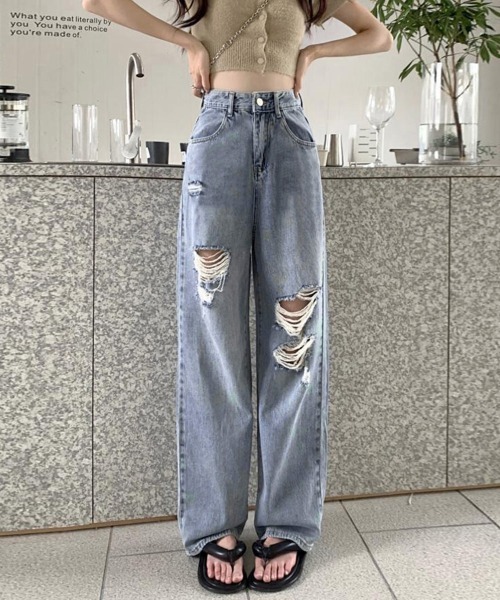 「Miniministore」 ダメージ加工デニムパンツ M サックスブルー レディース