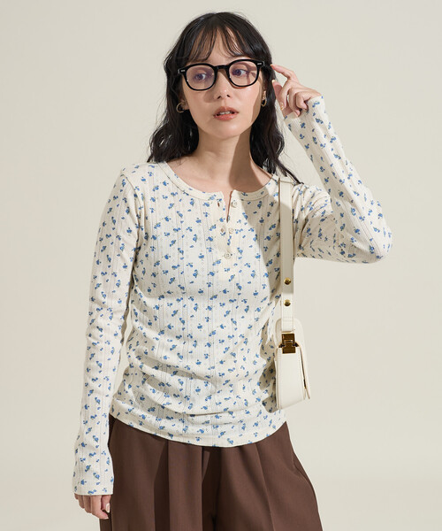 tシャツ 花柄針抜き フライスヘンリー長袖トップス レディース | FREAK'S STORE